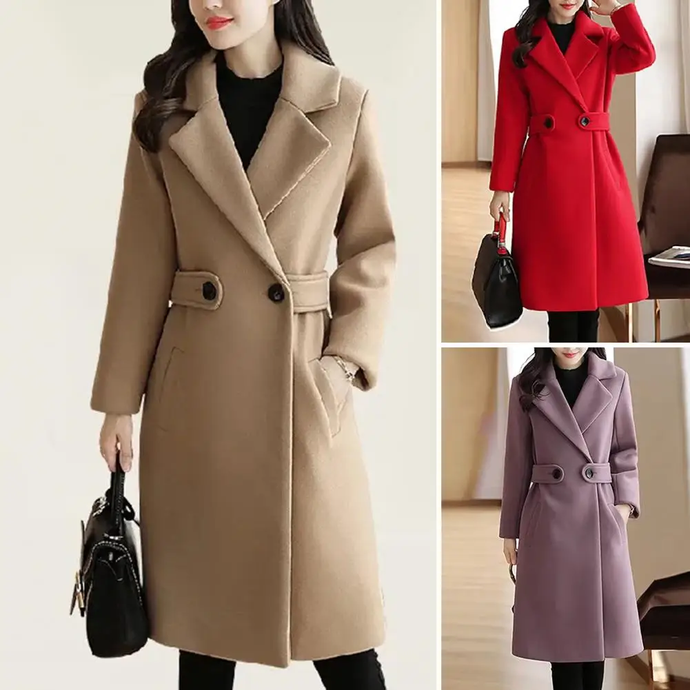 Fall Winter Women Overcoat Thick Solid Color Turn-down Collar Long Sleeve Cardigan Belted Button Mid Length Loose Lady Coat