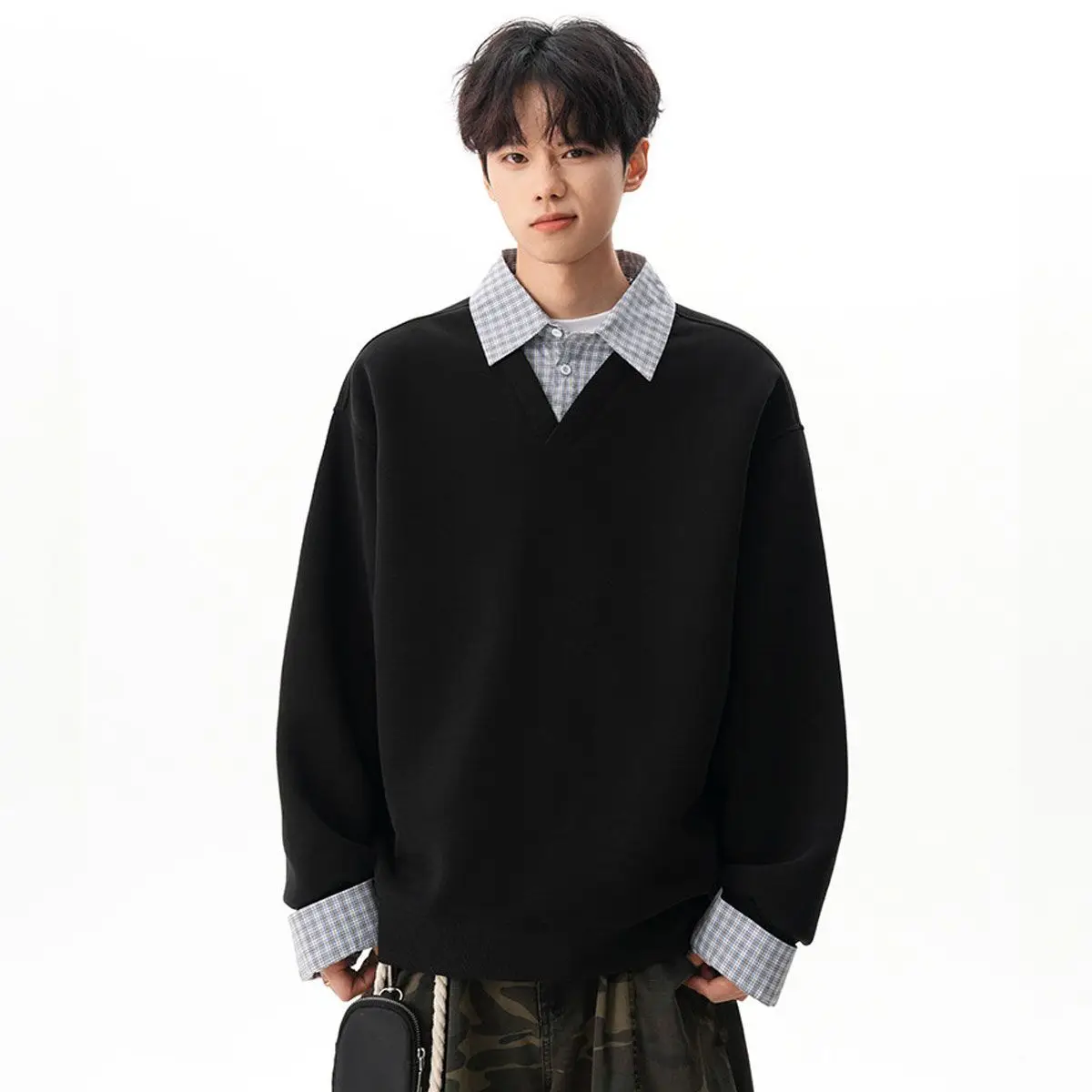 Men's Plaid Polo Collar Sweatshirt Casual Checkered Long Sleeve Top Spring Autumn Streetwear Jacket