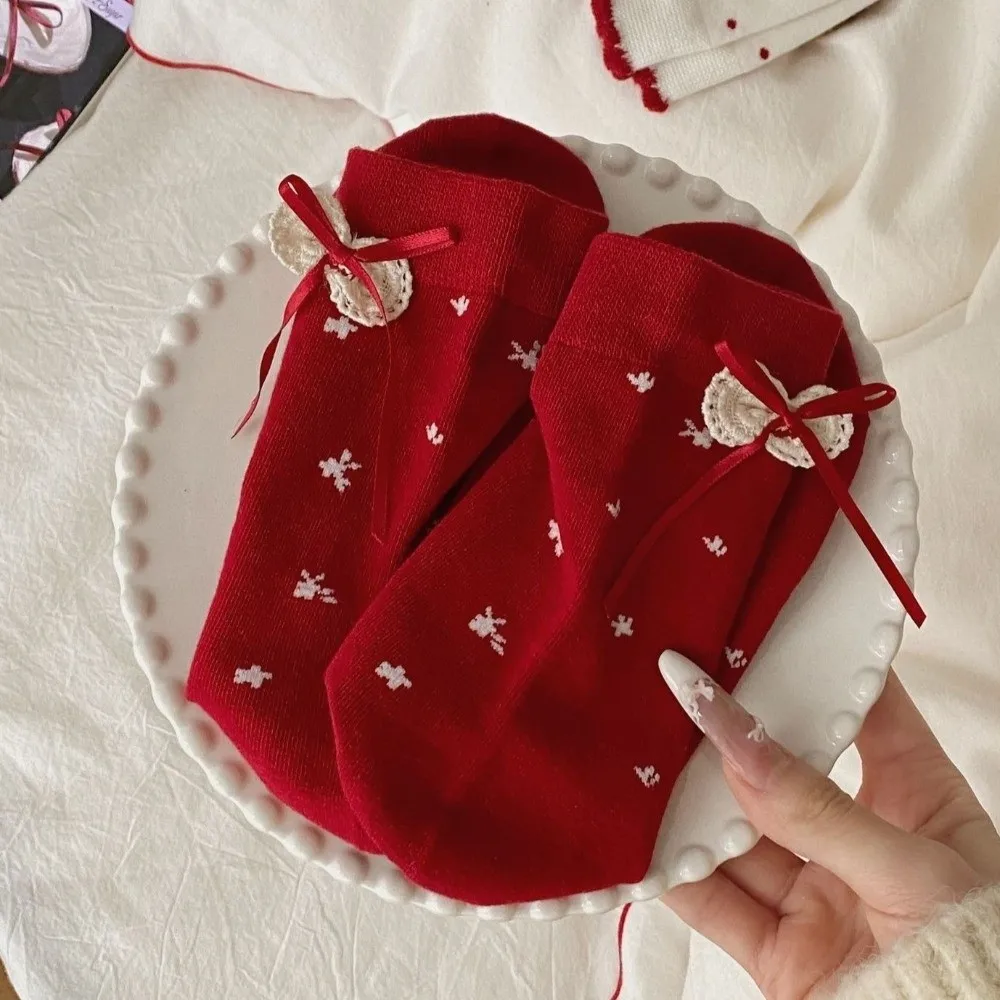 العصرية اللون الأحمر الحلو فتاة الجوارب طبقة مزدوجة مريحة القوس الجوارب القطن تنفس منتصف أنبوب الجوارب الاستخدام غير رسمي #3