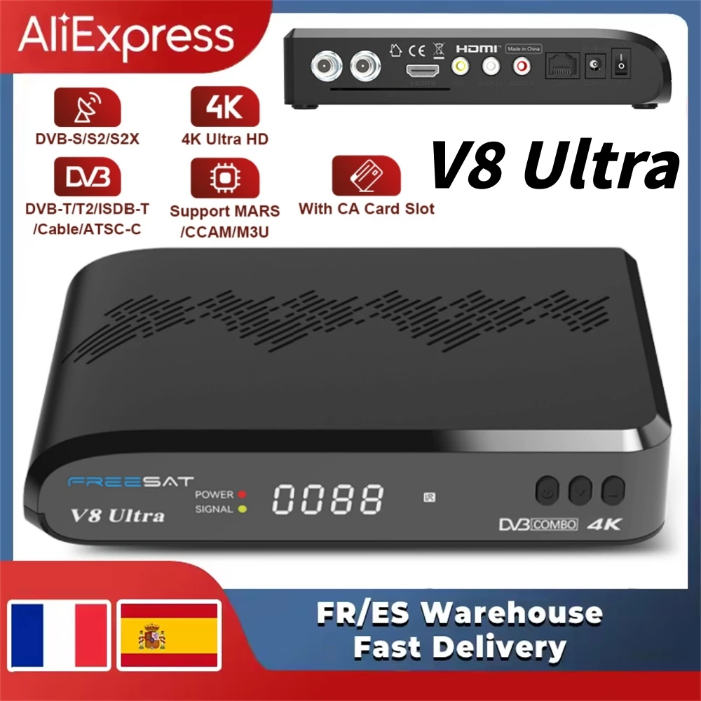 Receptor de TV Satelital V8 Ultra 4K UHD DVB-S/S2/S2X, DVB-T2/T+C+ISDBT+ATS-C en Stock, con Ranura para Tarjeta CA y Decodificador LNBTuning