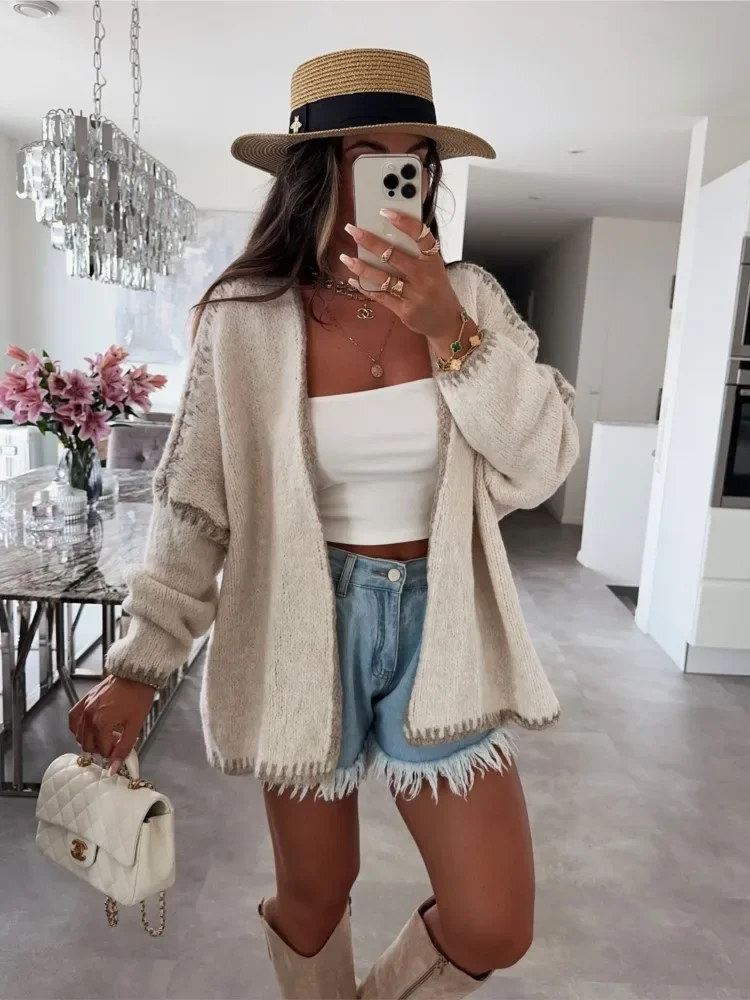 

Female Winter Fashion Cardigan Sweater Y2k Woman Casual Color Matching Loose Knitting Sweaters Autumn Warm Coats For Ladies