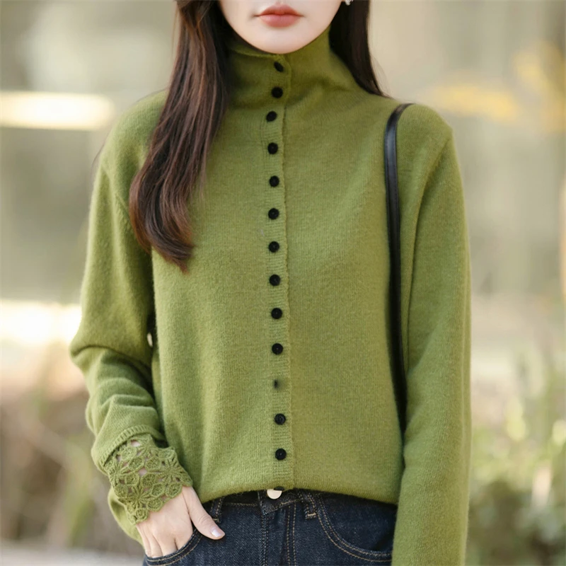

Women's Knitted Cardigan Spring Autumn Single Breasted High Collar Long Sleeve Hollow Out Cuff Solid Joker Casual Knitwear Tops