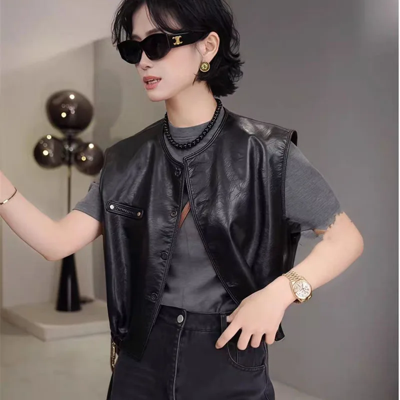 

Модный короткий мотоциклетный жилет из искусственной кожи в стиле ретро, женская повседневная куртка в корейском стиле, новинка весна-осень 2026