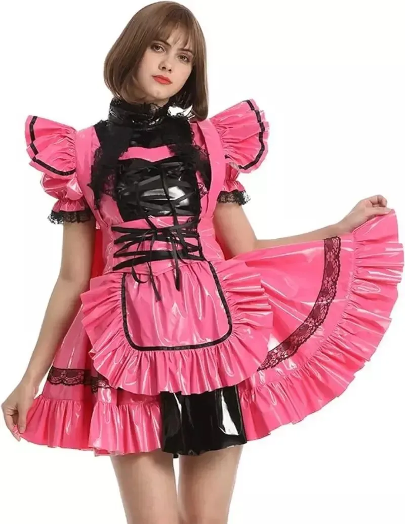 

Sexy sissy French maid red PVC lockable ruffle edge dress maid cosplay costume customizable
