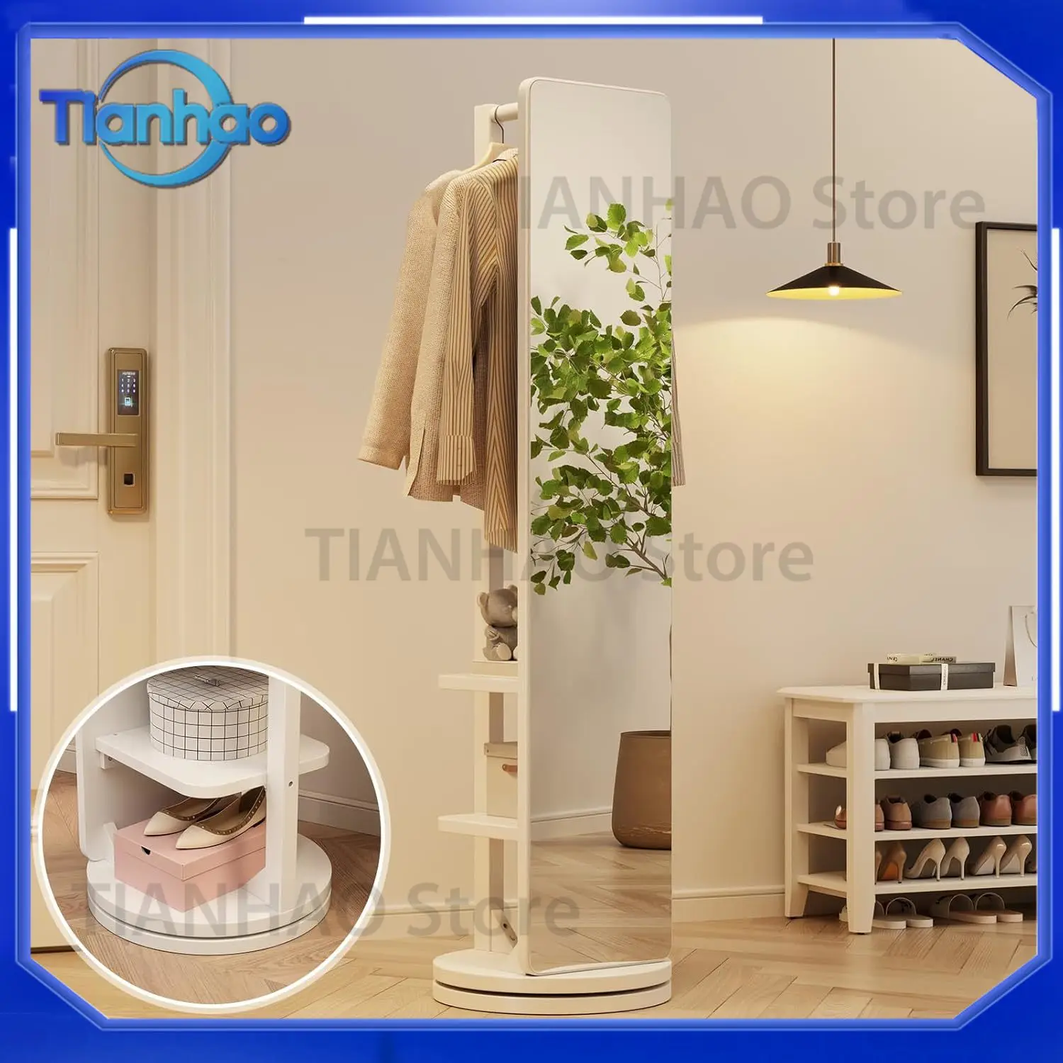 Wooden Full Length Mirror Coat Rack with 2 Shelves 66 x 12 Inches Mid Century Modern Design Home Furniture for Bedroom and