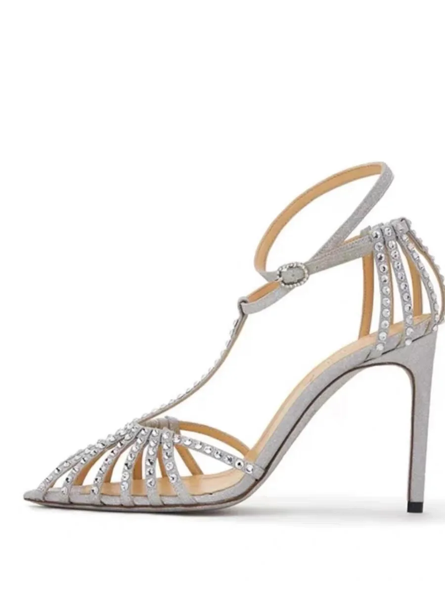 Sharp fork, straight buckle with rhinestone high heels, women\'s summer new sexy slim heel fairy style sandals