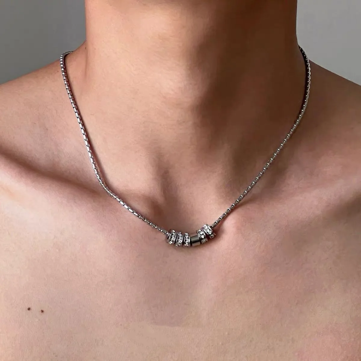 Three Ring Paved Rhinestone Waist Bead Thin Snake Chain Necklace 316 Stainless Steel Silver Neutral Minimal Roller Choker