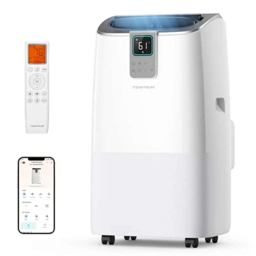 Portable air conditioner for large rooms up to 600 sq.ft, stainless steel finish, white, 12, 000 BTU with 4-in-1 cooling, quiet