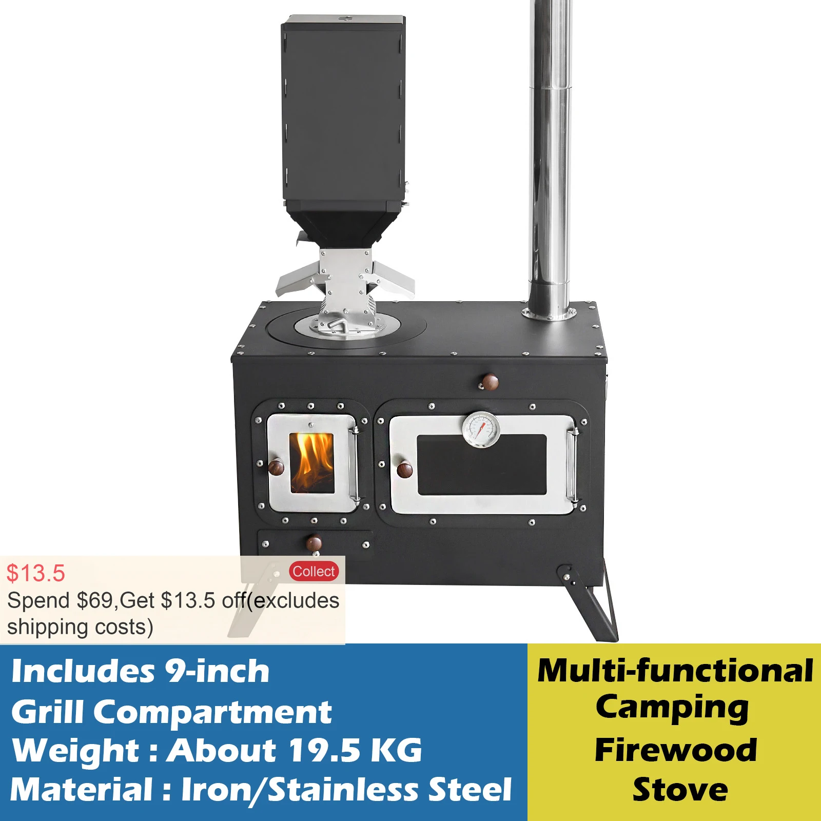 

New Type Camping Firewood Stove Portable Outdoor Burner with oven Multi-functional Stove Tent Hiking Picnic BBQ Roasting Heat