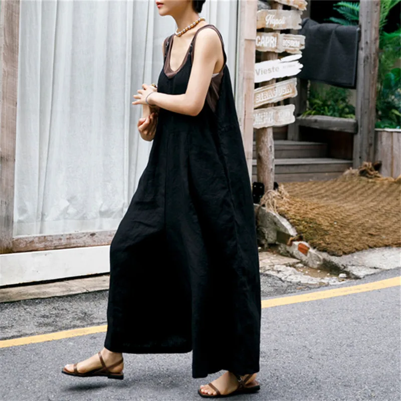 Women's Cotton and Linen Wide leg Jumpsuit Bf Casual Trousers Skirt Strappy Hemp Sling One Piece Pants