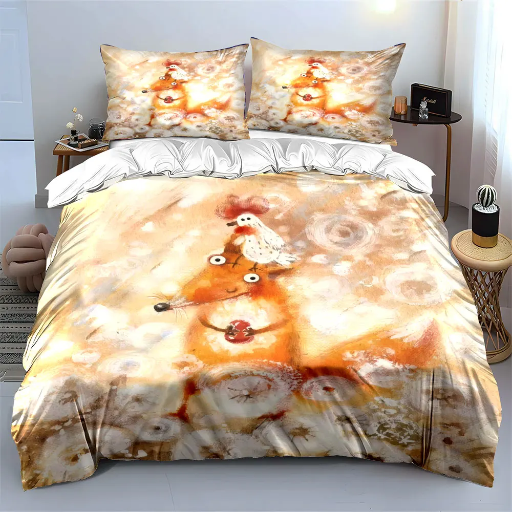 Fox and Chicken Art Set Soft Skin-Friendly Bedding Set Includes 1 Duvet Cover And 2 Pillowcase, Gift