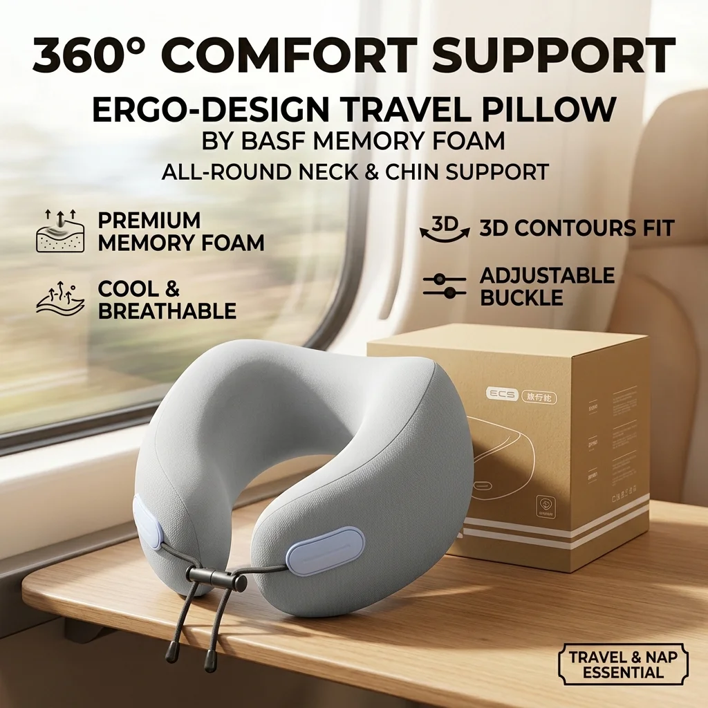 360 Surround Orthopedic Neck Pillow Adjustable Buckle Memory Foam Head Rest Travel Cushion for Flight Train Car Relaxation