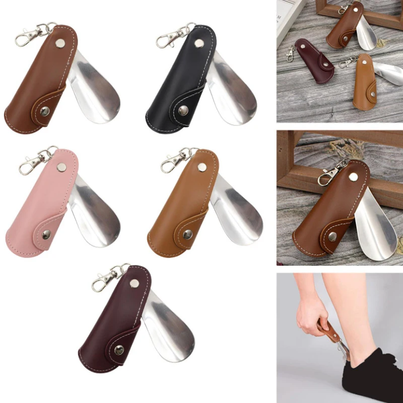 Stainless Steel Shoe Lifter Hanging Deduction Shoehorn For Keychain With Leather Cover Lazy Household Shoehorn For The Elderly