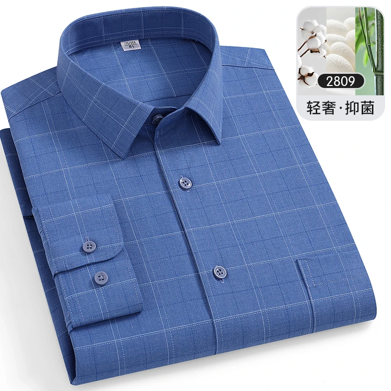 Bamboo Fiber 7XL 8XL Classic Plaid Stripe Easy care men shirt long sleeve slim fit Formal Business Casual shirt long sleeve men