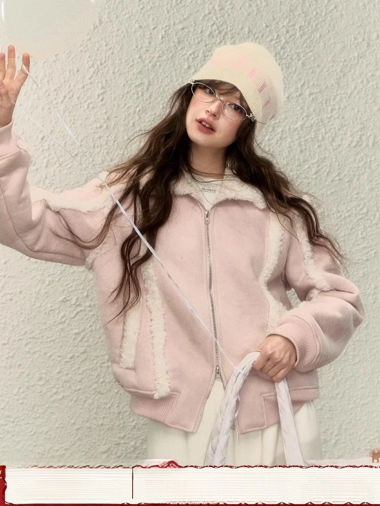 

Женская замшевая куртка ELEVEN SP: Зимняя утепленная модель на молнии с отложным воротником, универсальная верхняя одежда с длинными рукавами в корейском стиле для повседневной носки