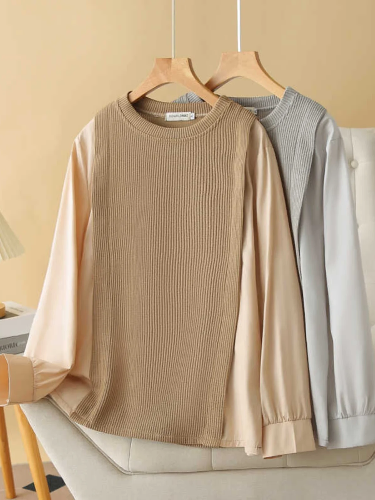 

plus Size Knitted Patchwork Sweatshirt Fashion Slimming Base Layer Top Women's Korean Style Long Sleeve round Neck Pullover