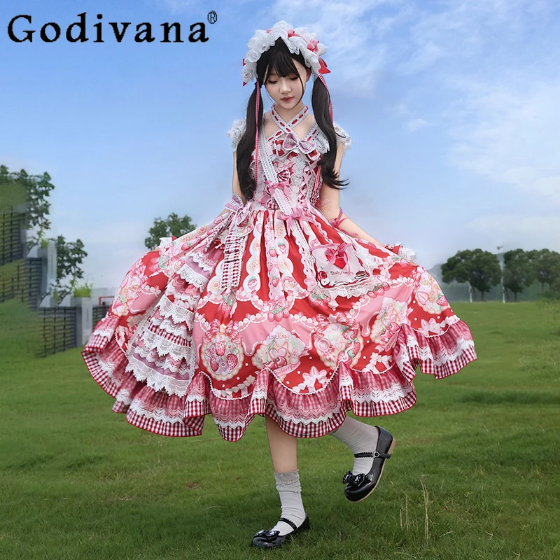 

Christmas Red Lolita Dress JSK Sweet Bow Strawberry Print Flying Sleeve Halter Birthday Party Dress Princess Tea Party Dress