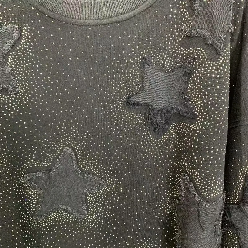 Moda novo outono y2k mangas compridas casaco pesado bordado cheio de diamante estrela de cinco pontas comprimento médio solto moda moletom topo