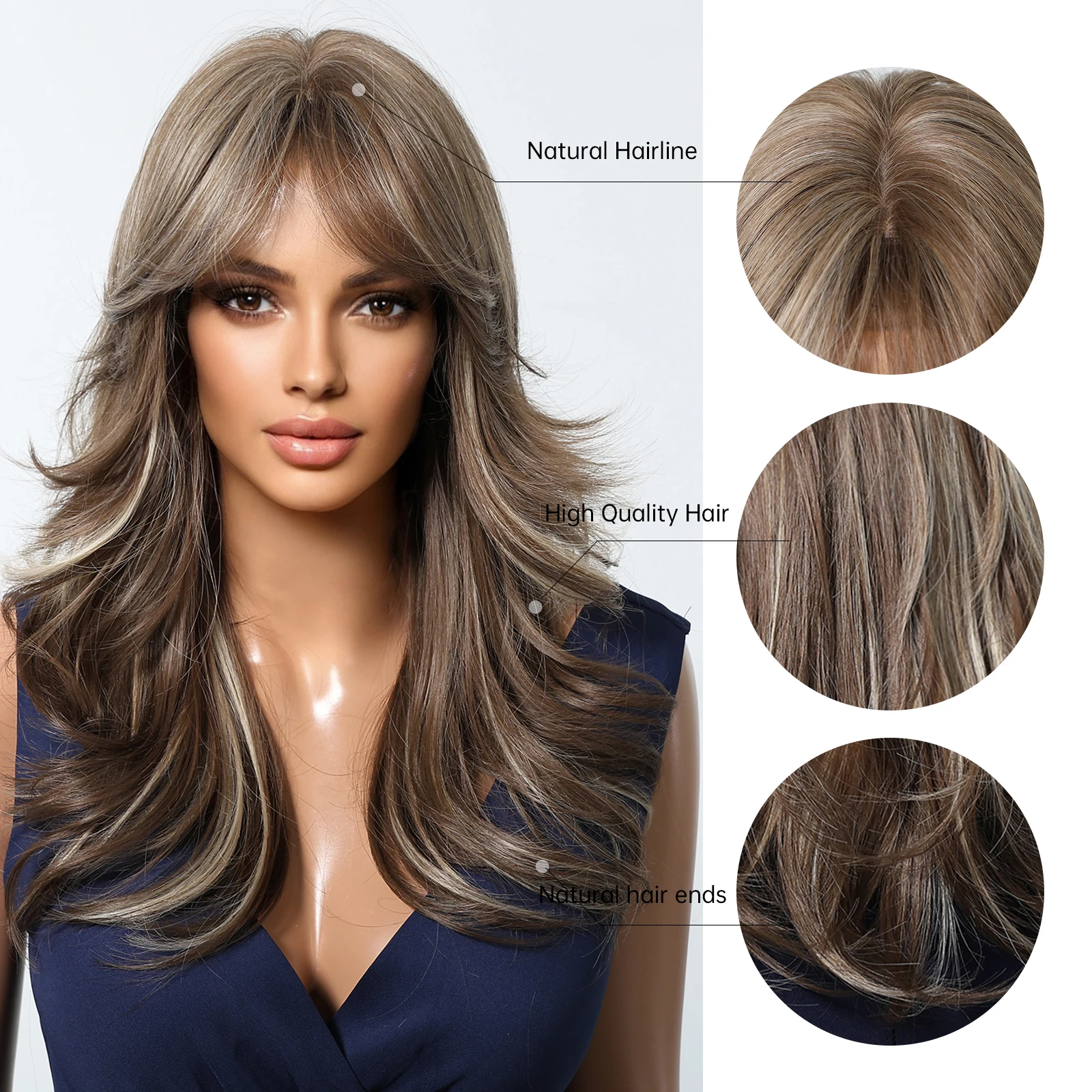 20in Curly Brown Highlight Blonde Wig With Bangs Synthetic Long Wavy Brown Hair Wig for Women Daily Cosplay Christmas Party Wig