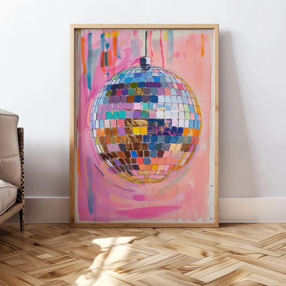 Trendy Colored Disco Ball Wall Art Painting Retro Aesthetic Pink Canvas Prints Posters for Bar Living Room Home Decoration