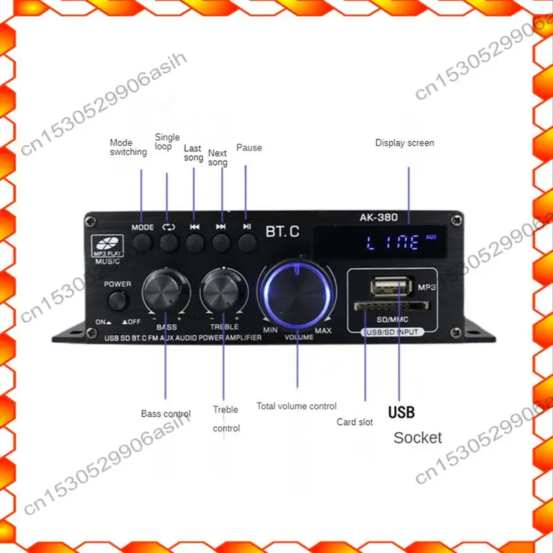 -AT52 Ak380 800 واط 12 فولت مكبر كهربائي بلوتوث ستيريو المنزل سيارة باس الصوت أمبير مشغل موسيقى مكبر صوت للسيارة فئة D FM USB/SD استبدال