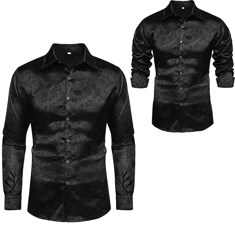 

New Men Jacquard Party Wear Shirt Casual Long Sleeve Button Down Silk Shirt Top Formal Business Men's High Quality Wedding Shirt