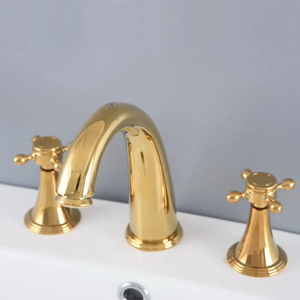 

Polished Gold Color Brass Deck Mounted Dual Handles Widespread Bathroom 3 Holes Basin Faucet Mixer Water Taps mnf991