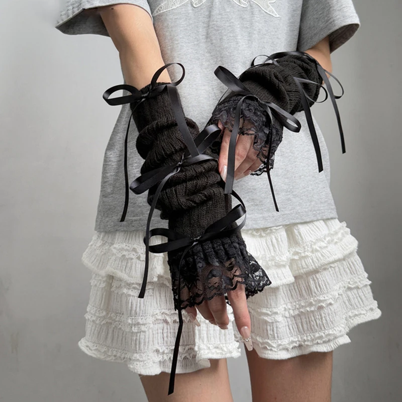 العصرية الحلو متماسكة القوس أكمام أذرع تبريد الديكور الدافئة قفازات طويلة أصابع انفصال اليد الأكمام للفتيات لوليتا اكسسوارات