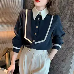 Elegant Lapel Button Spliced All-match Korean Shirt Women Clothing 2024 Autumn New Loose Casual Tops Fashion Office Lady Blouse