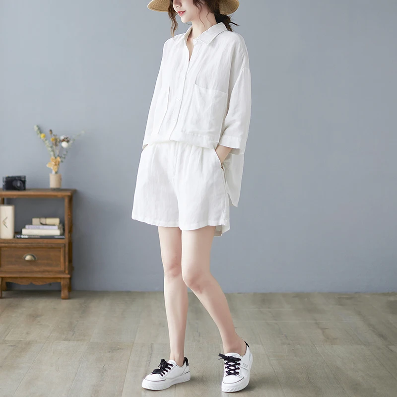 Été mince coton lin femmes irt et orts deux pièces ensemble grande taille coupe ample ort Sve tenue décontracté pour les femmes