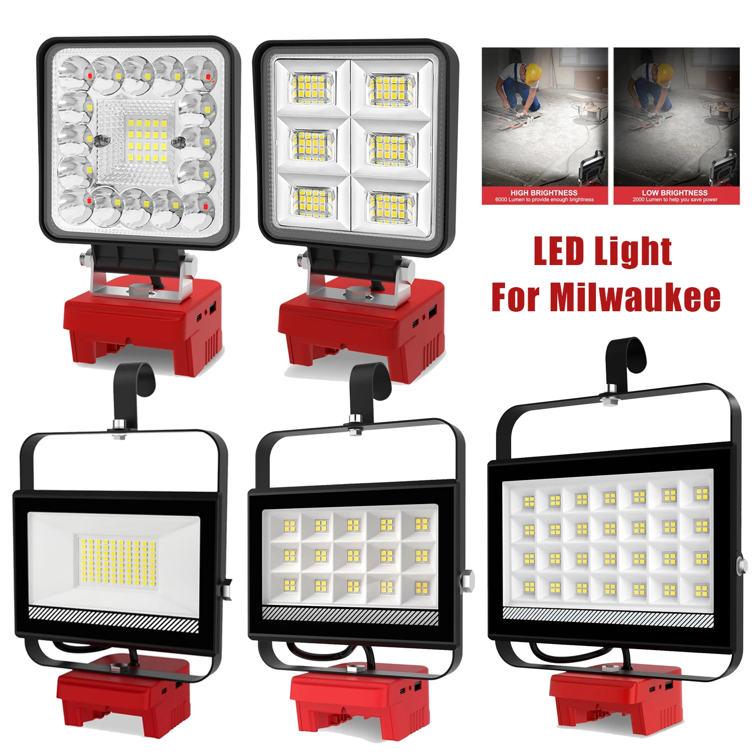48W/60W/100W Portable LED Work Light Flood Light for Milwaukee 18V-20V Li-ion Battery Cordless Work Light 6000k Camping Light