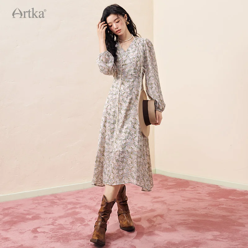 ARTKA 2023 Autumn New Women Dress French Floral Print V-Neck Chiffon Dresses Long Sleeve High Waist Lace-up Midi Dress LA92531Q