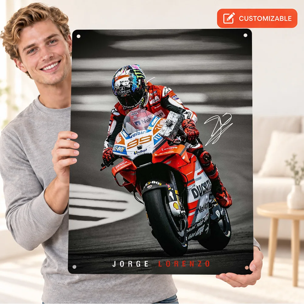 Jorge Lorenzo MotoGP Textured Metal Poster Customized Aluminum Sign Black And White With Color Accents Wall Art For Home Office