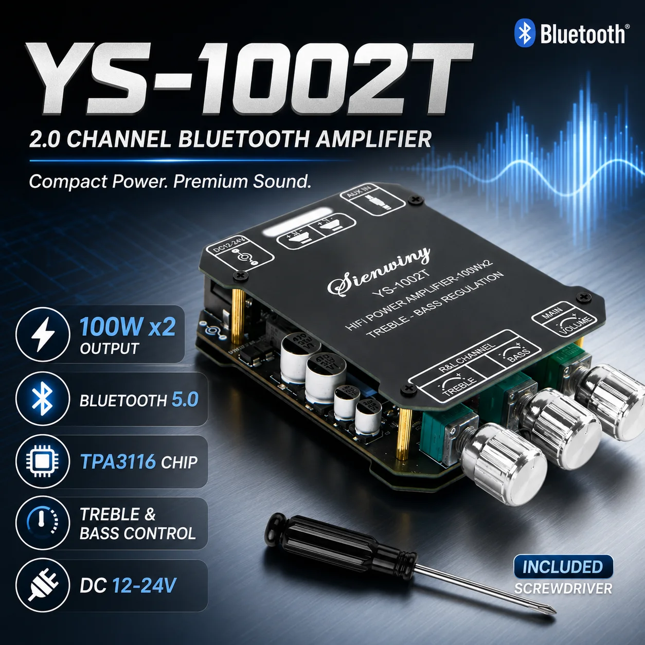 Placa Amplificadora de Áudio Bluetooth 5.0 YS-1002T YS-502L, Módulo Amplificador de Potência Estéreo 2.0 Canais 50W X2 100W X2 com Entrada AUX para DIY de Caixas de Som e Áudio Doméstico