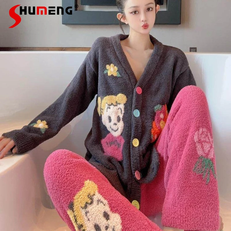 

Милые флисовые пижамы для женщин: осенне-зимний утепленный свободный домашний комплект в японском стиле, теплые костюмы для отдыха