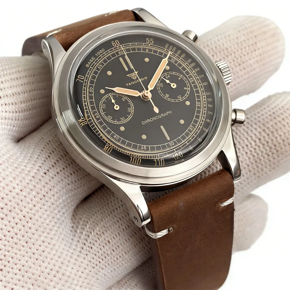 

Классический хронограф с кварцевым механизмом Miyota OS20, Tandorio, 38 мм, с выпуклым стеклом, многофункциональные мужские спортивные часы с кожаным ремешком, ретро-стиль