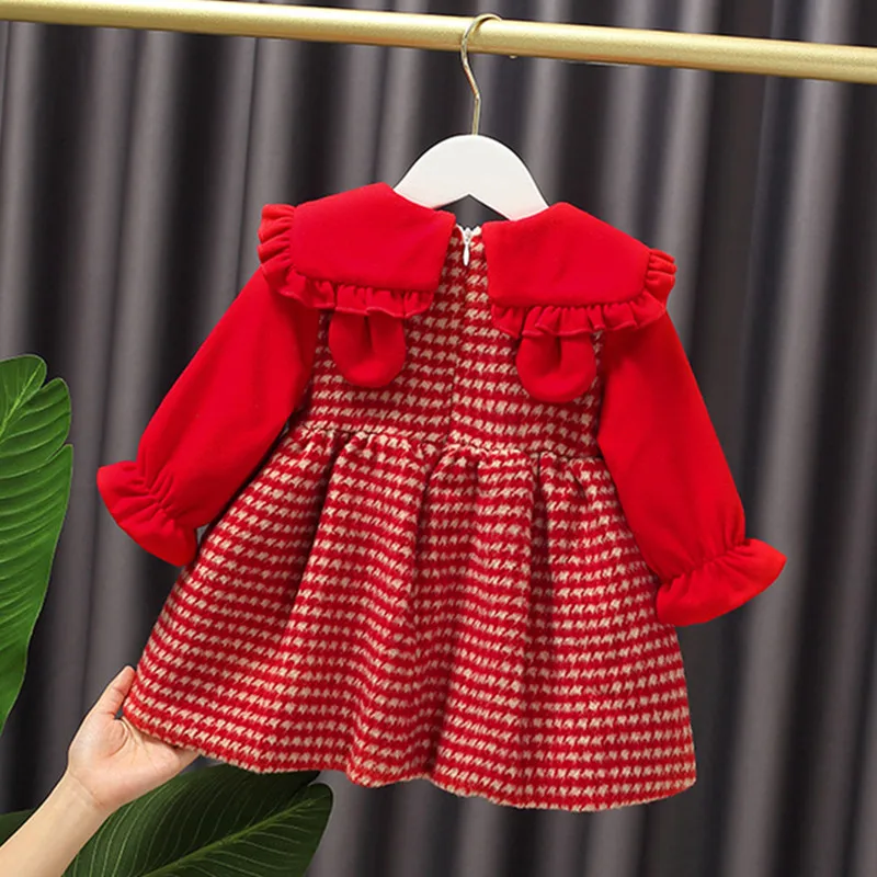 2022 Winter Warm 12M 24M 1 2-6 Years Children Birthday Gift Red Big Ear Collar Thicken Princess Bowtie Dress For Kids Baby Girls