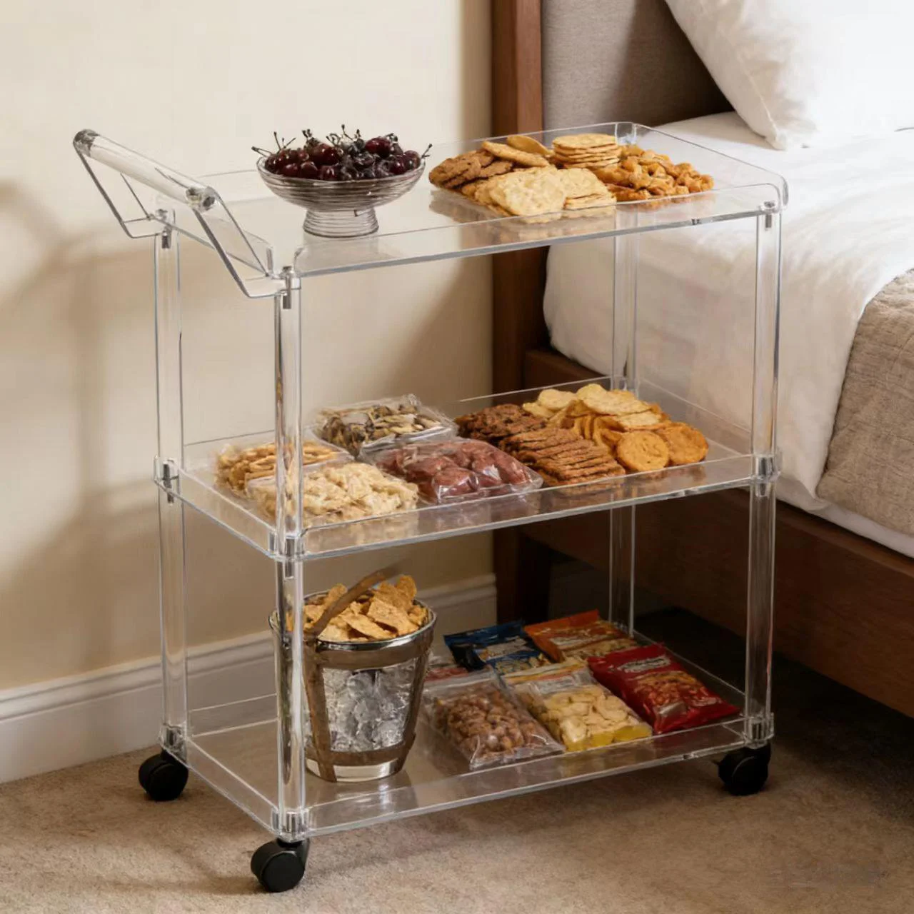 Modern three-story acrylic hotel bar cart 4-wheel multifunctional eco-friendly transparent kitchen and living room cart