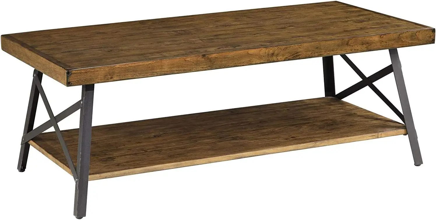 Chandler Rustic Industrial Solid Wood and Steel Coffee Table with Open Shelf, Pine Brown,48