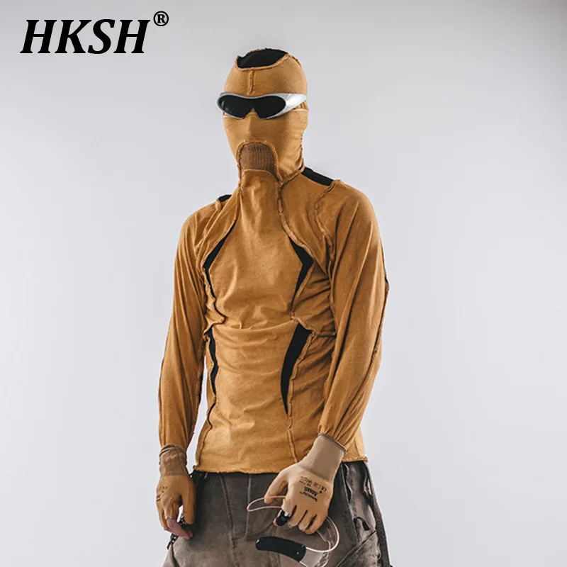 

HKSH Autumn New Men's Tide Geometric Spliced Outer Edge Vintage Hooded Cotton T-shirt Techwear Waste Land Patchwork Tees HK2393