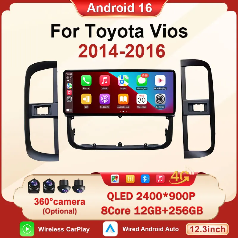 

12.3-дюймовый ультратонкий экран Android 16 для Toyota Vios 2014-2016, мультимедийная система с CarPlay, DSP, стерео, 4G, Bluetooth, GPS-навигация