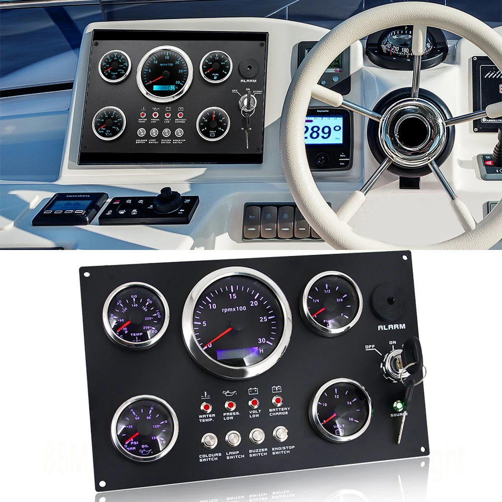 5 IN 1 Boat Instrument Panel 12v Switch Panel Boat Dashboard Tachometer 8-16V Voltmeter Water Temperature Oil Pressure Gauge