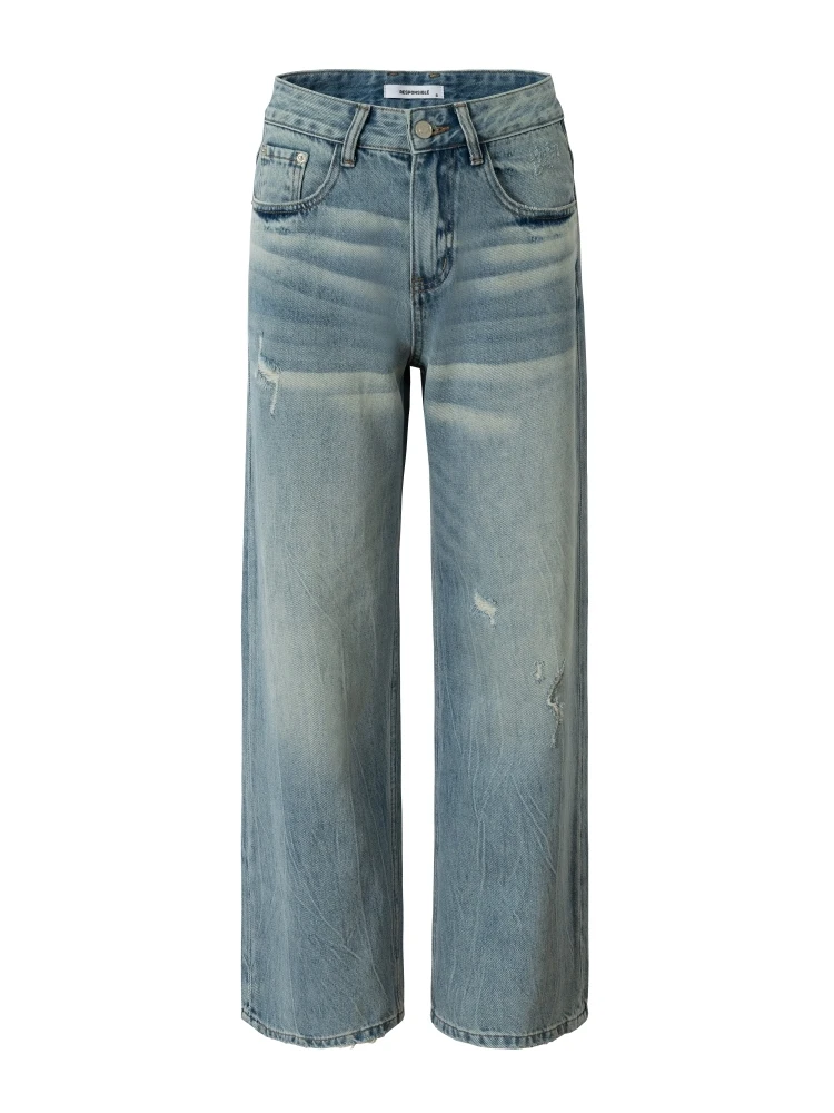 

RPB Brand Women's Vintage Waed Ripped Denim Jeans Loose Fit Straight Leg Pants Cotton l Waist Button Closure