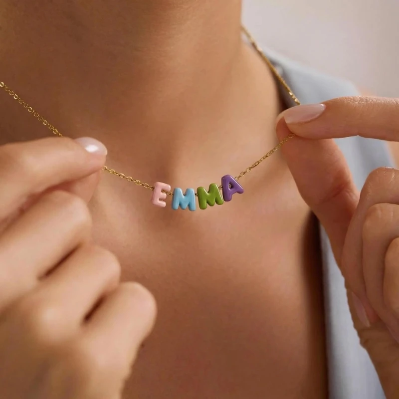 Customized Rainbow Bubble Initial Necklace Stainless Steel Colorful Small Balloon Name Necklace Daily Wear Necklace Christmas Gi