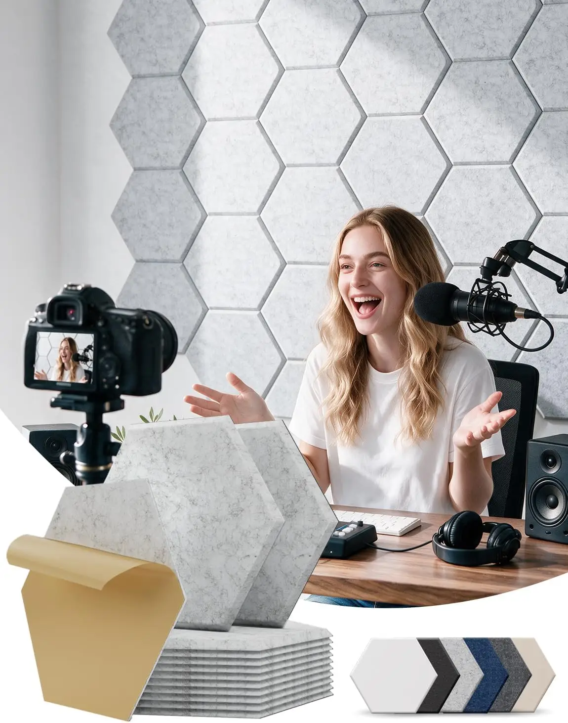 12pcs Hexagon Self-Adhesive Soundproof Wall Panel Decorative Sound Proof Acoustic Panels Reduce Noise Absorption Eliminate Echoes Pared Cover Felt Cork Photos Pin Note Boards Tiles For Inner Walls Drum Home Office Room Decoration
