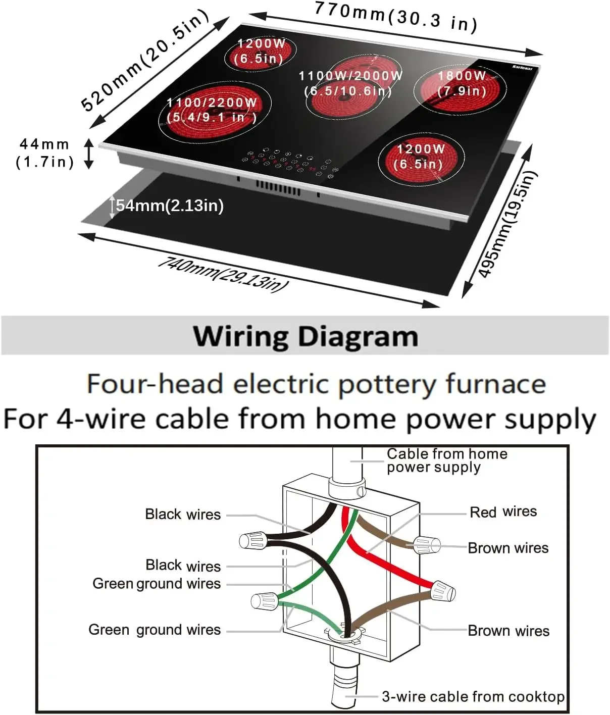 Electric Cooktop 5 Burners Electric Stove Ceramic Cooktop, Drop-in Electric Radiant Cooktop with Front and Back Metal Frame, Chi