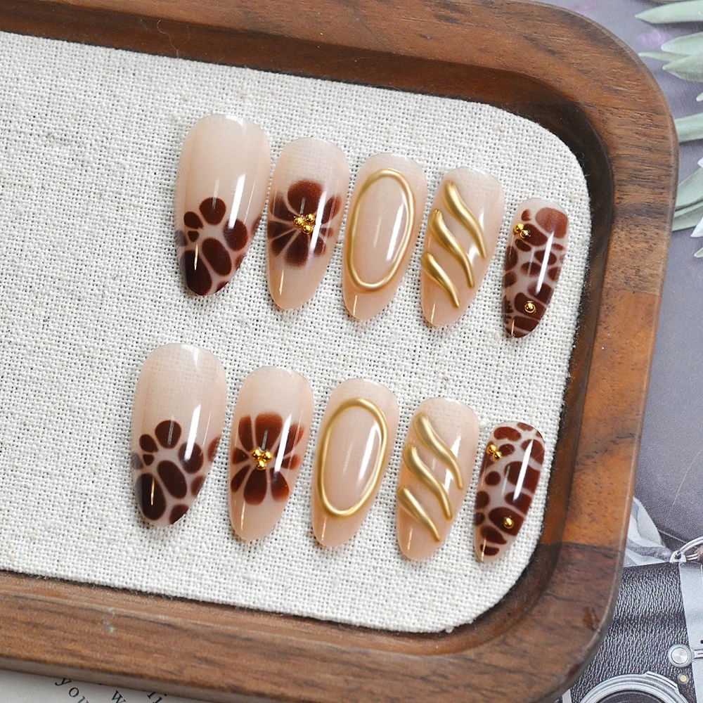 24pcs Luxury Gold Lines Leopard Flowers Fake Nails French Almond Nude Press On Nails with 3D Caviar Beads Wearable False Nailtip