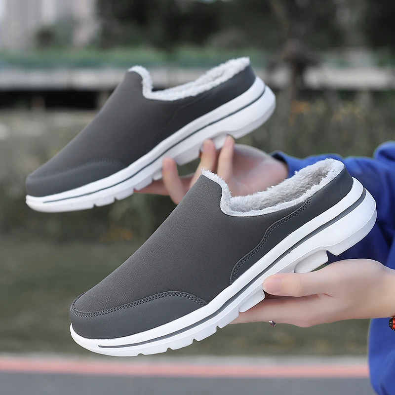 Winter Men Cotton Casual Shoes Comfortable Warm Mens Home Slippers Half Loafers Snow Shoes with Fur Slip-on Light Flat Shoes