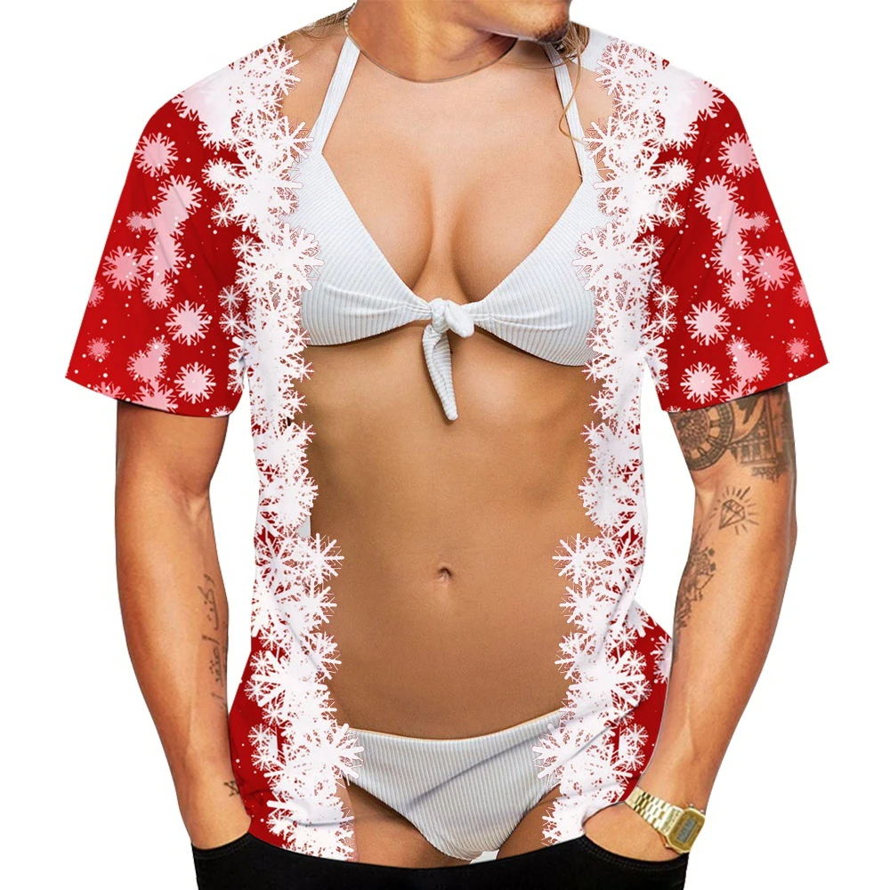 

Funny Fake Muscle Christmas Party Print T-Shirts for Men O-Neck Loose Short Sleeve Holiday Tee Shirts Men Clothing Size 5xl ﻿
