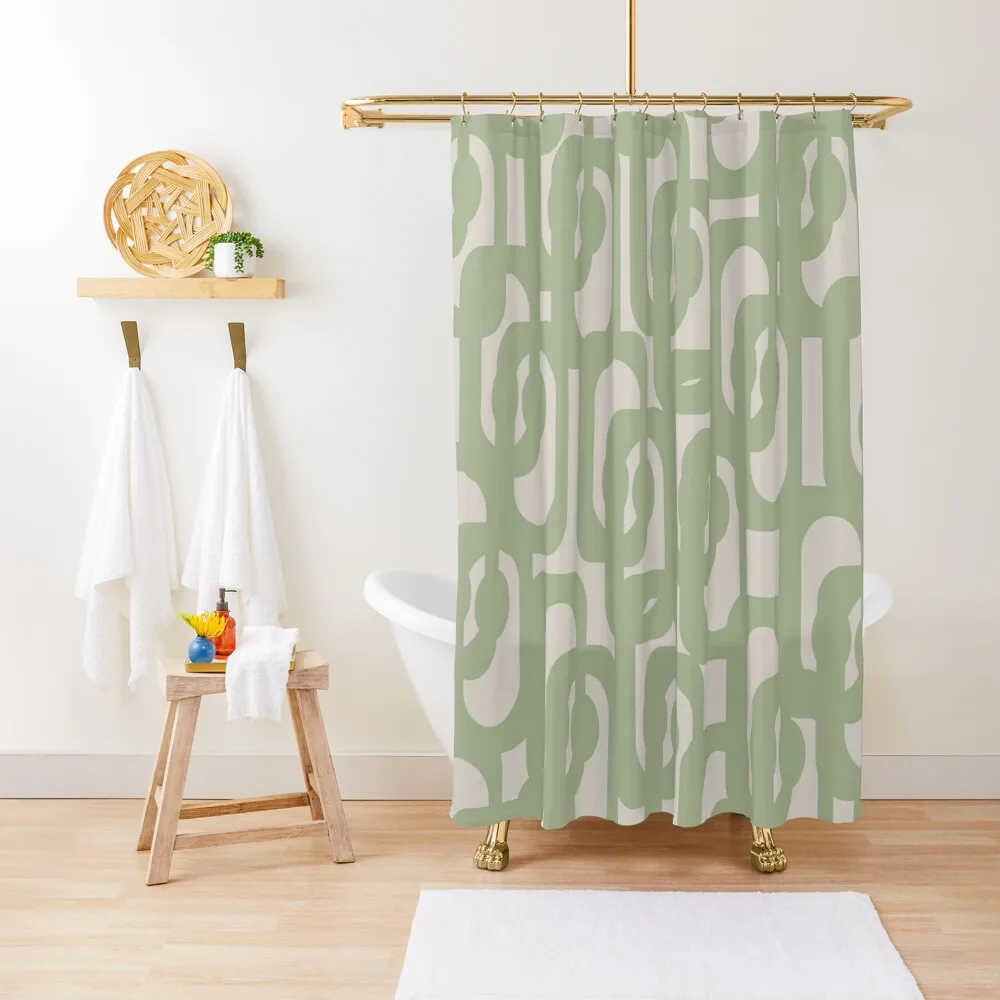 

Midcentury Modern Loops Pattern in Sage Green and Beige Shower Curtain Cute Shower Bathroom And Shower Curtain